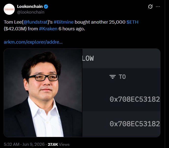 BitMine just dropped $42 million on Ethereum from Kraken