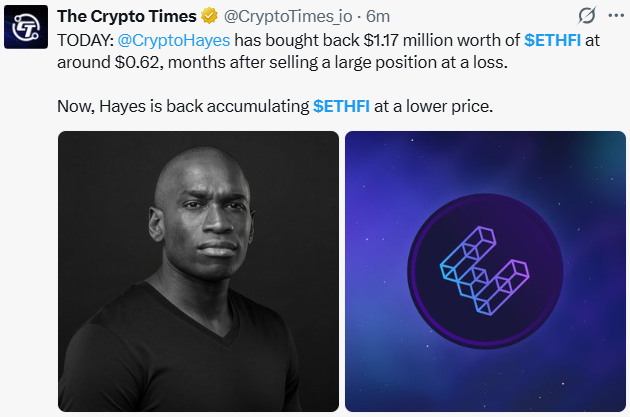 Arthur Hayes Buys Back $1.17M of $ETHFI Arthur Hayes Buys Back $1.17M of $ETHFI
