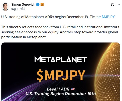 Metaplanet ADR Trading Tweet