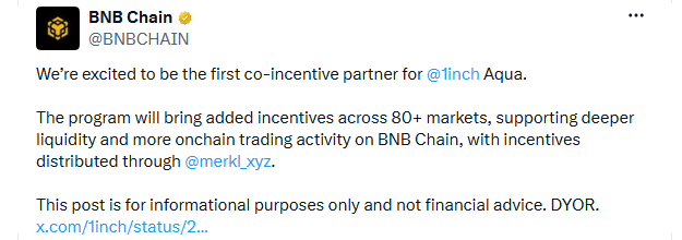 BNB Chain as first co-incentive 1inch Aqua Partner
