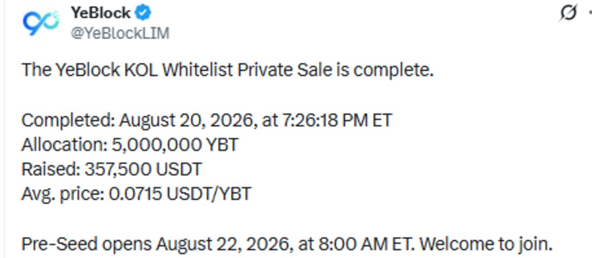 YeBlock Private sale update official X Post screenshot YeBlock Private sale update official X Post screenshot