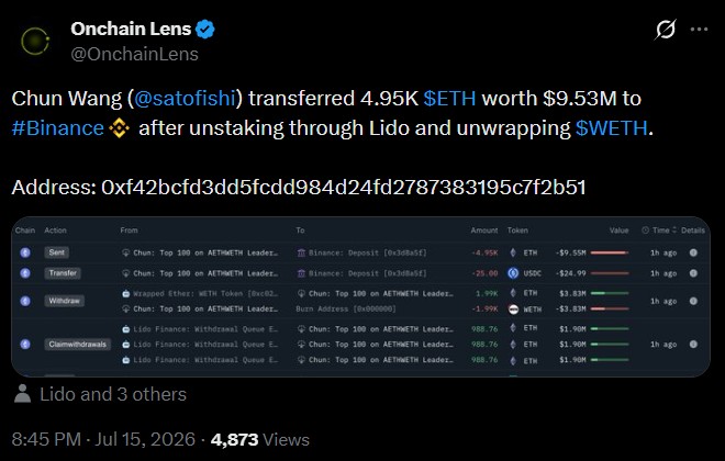Chun Wang unstaking Ethereum through Lido