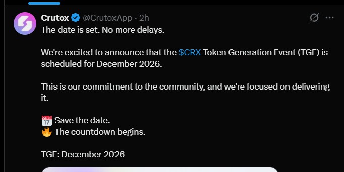 Crutox TGE December 2026 Officially Confirmed Crutox TGE December 2026 Officially Confirmed