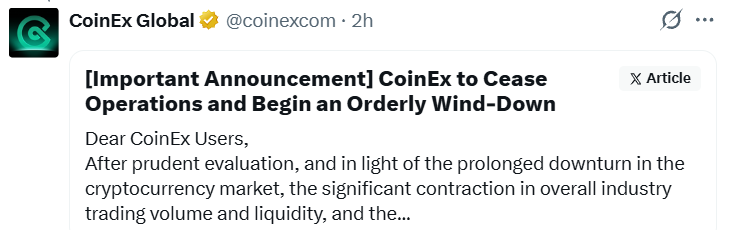 CoinEx shutdown announcement CoinEx shutdown announcement