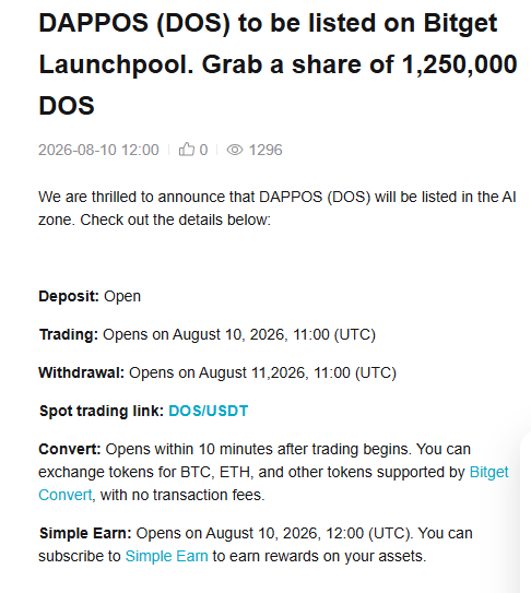 DAPPOS DOS Bitget listing and Launchpool announcement