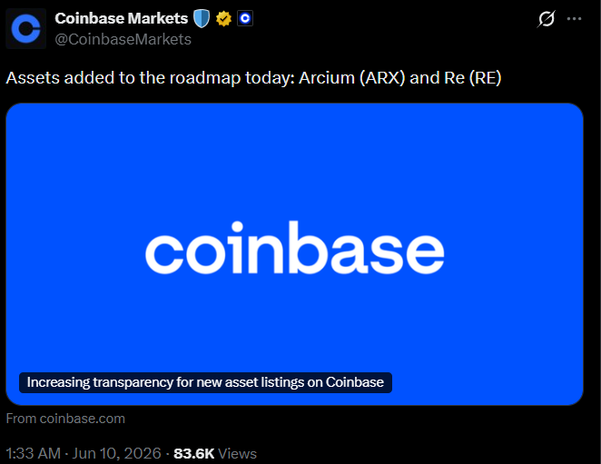 Coinbase Listing Adds Arcium and Re Coinbase Listing Adds Arcium and Re