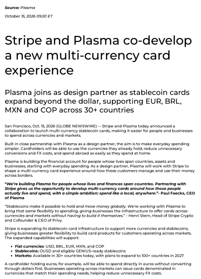 Stripe and Plasma multi-currency stablecoin cards for global payments Stripe and Plasma multi-currency stablecoin cards for global payments
