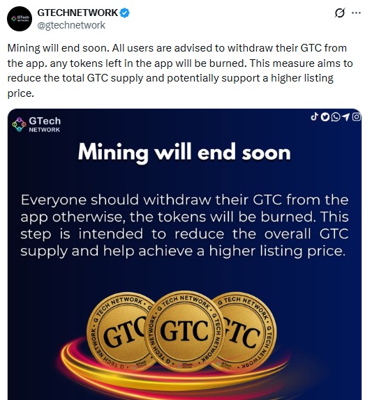 Gtech Network listing date update as GTC mining ends