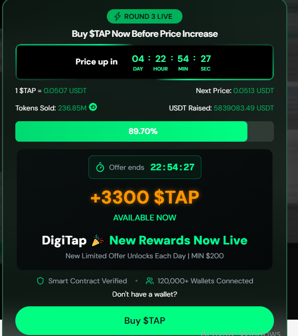 DigiTap presale stats showing price and tokens sold