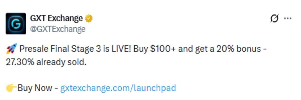 GXT Exchange official X post screenshot showing presale details GXT Exchange official X post screenshot showing presale details