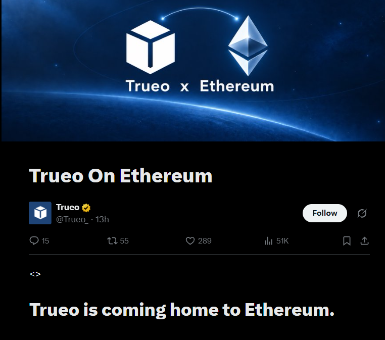 Trueo Announces Migration From Base to Ethereum Mainnet Trueo Announces Migration From Base to Ethereum Mainnet