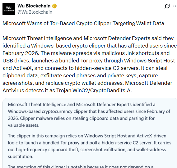 Microsoft crypto clipper malware Tor proxy wallet 