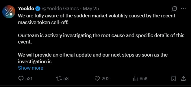 On May 25, Yooldo acknowledged the volatility