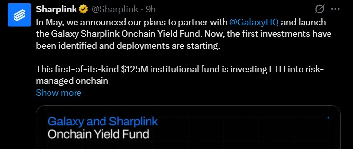 Sharplink and Galaxy Launch $125M Onchain Yield Fund Sharplink and Galaxy Launch $125M Onchain Yield Fund