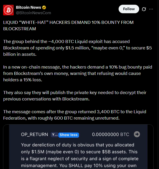 Liquid Attackers Demand 10% Bug Bounty From Blockstream