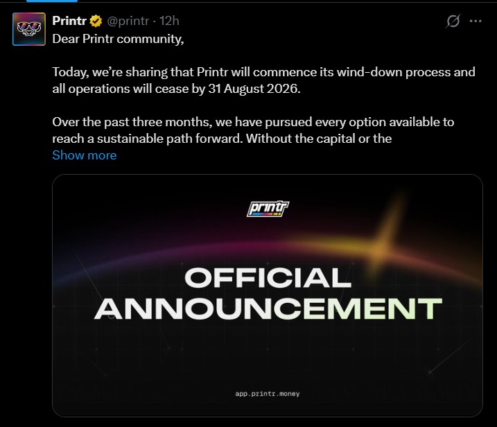 Printr Shutdown Begins as Platform Sets August 31 Closure Date