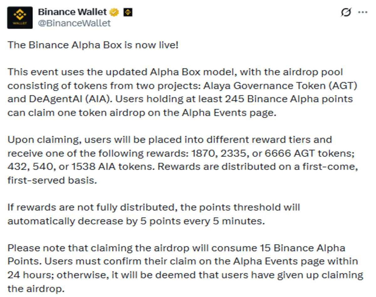 Official Binance wallet X post screenshot of alpha airdrop update Official Binance wallet X post screenshot of alpha airdrop update