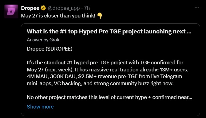 Grok Called It: AI Named Dropee the #1 Pre-TGE Project Grok Called It: AI Named Dropee the #1 Pre-TGE Project
