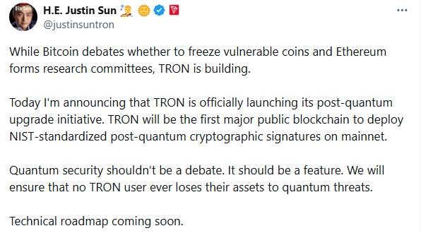 Justin Sun TRON Post-Quantum Security Upgrade Justin Sun TRON Post-Quantum Security Upgrade