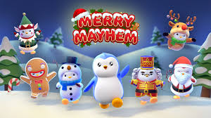 Pudgy Party Season 4 Merry Mayhem gameplay with penguin characters on winter maps in a play to earn crypto game.