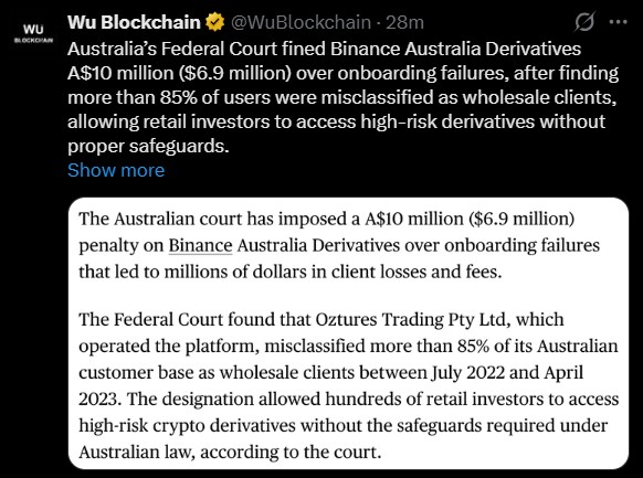 Binance Australia fine Binance Australia fine