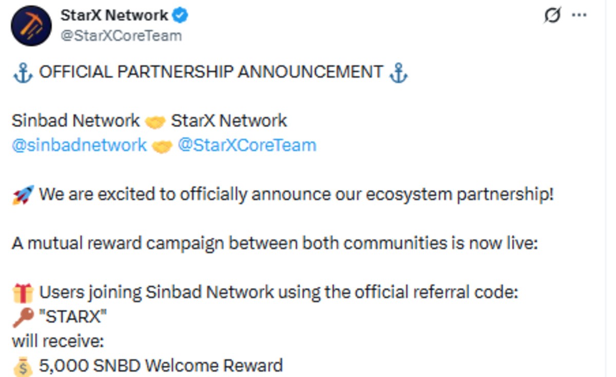 StarX Network X Post screenshot showing sinbad partnership update StarX Network X Post screenshot showing sinbad partnership update