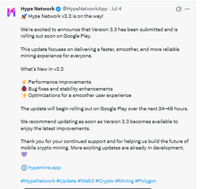  Hype Network confirmed version 3.3 upgrade