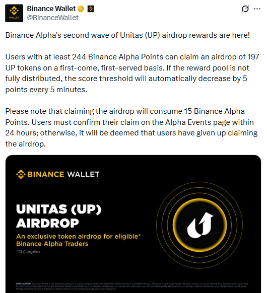 Unitas Airdrop showing 197 UP rewards Unitas Airdrop showing 197 UP rewards