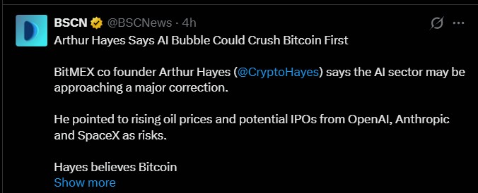 Arthur Hayes Says AI Bubble Could Crush Bitcoin First