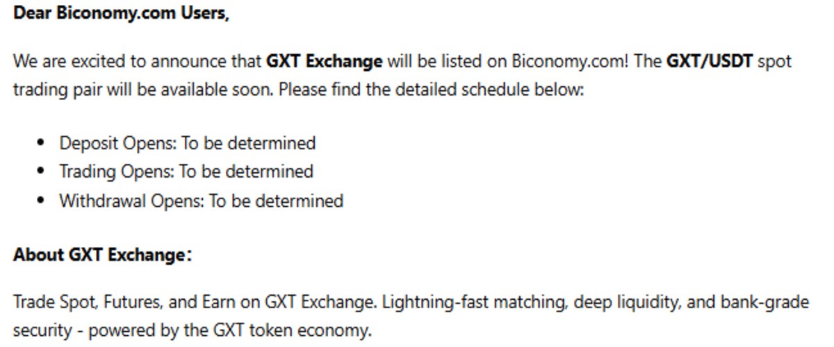 Official Biconomy website screenshot showing GXT Exchange listing details