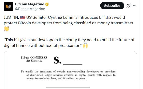 US Senate introduce bill for bitcoin developers