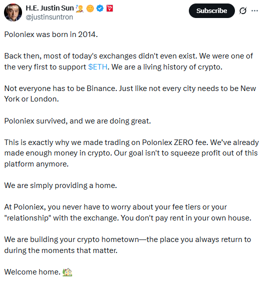Justin Sun announced Poloniex zero-fee trading.