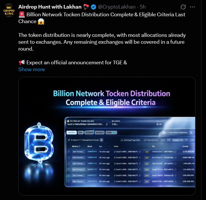 Billions Network Airdrop Listing Date and TGE Update