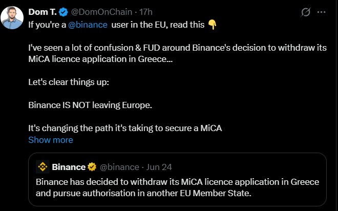 Binance Withdraws Its EU MiCA License Application