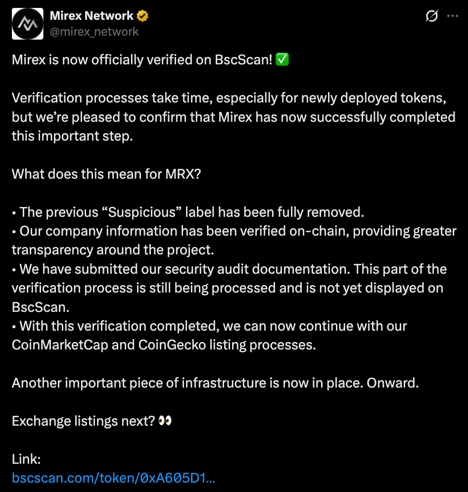 Mirex Network BscScan tweet Mirex Network BscScan tweet