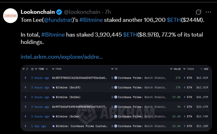 Ethereum News: Bitmine Staking Activity