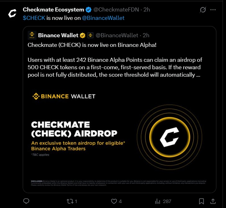 Checkmate Airdrop Live on Binance Alpha