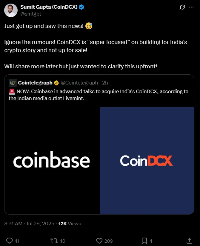 Coinbase and CoinDCX Acquiring Rumours Coinbase and CoinDCX Acquiring Rumours