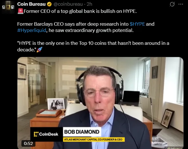 Barclay CEO BOB Diamond Backs $HYPE