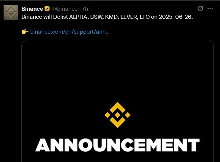 Binance Delisting ALPHA Token
