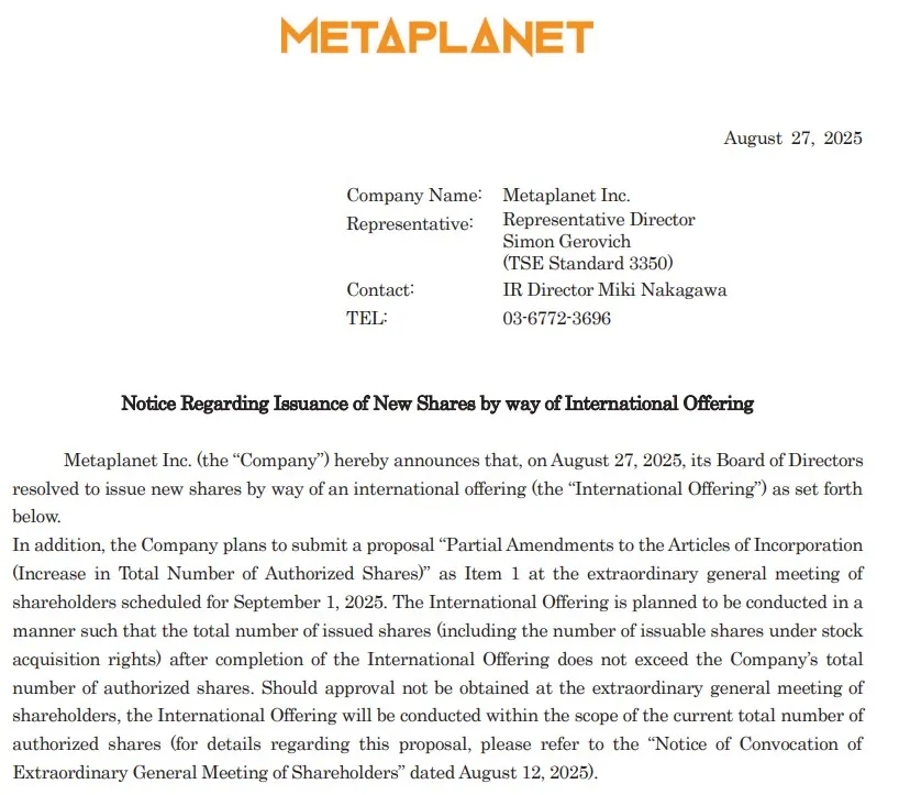 Metaplanet Bitcoin Purchase