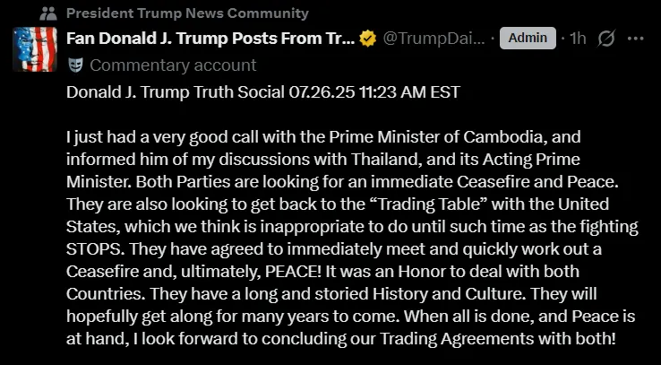 Trump Combodia Thailand Ceasefire