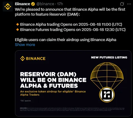Reservoir Binance listing