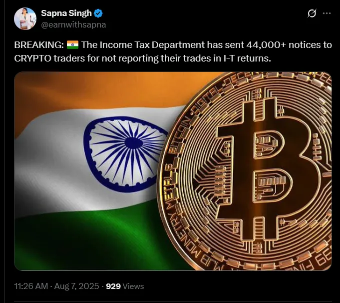 India sent Notices to 44K crypto traders