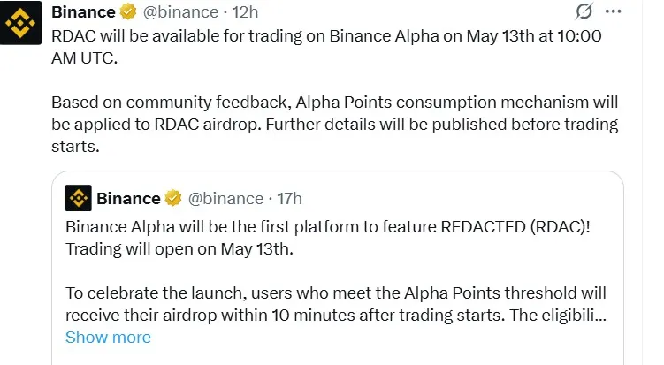 Redacted Listing on Binance