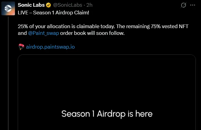Sonic Airdrop Claim is Live