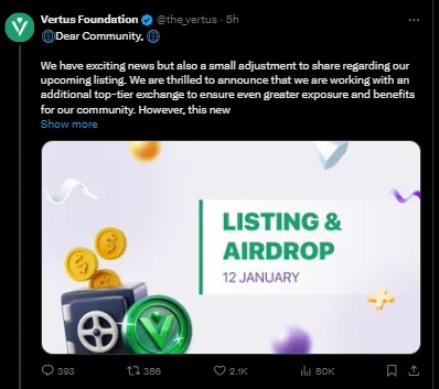 Vertus airdrop listing