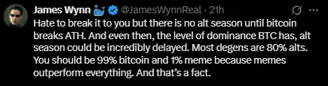 James Wynn Tweet on Bitcoin and Memecoins