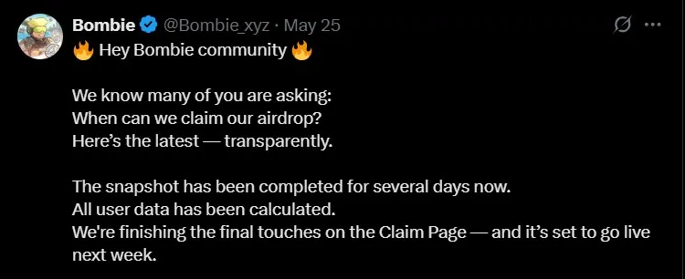 Bombie Airdrop Claim This Week