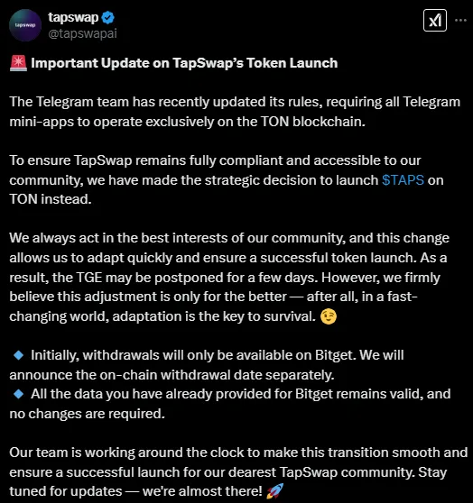 TapSwap Listing Postponed